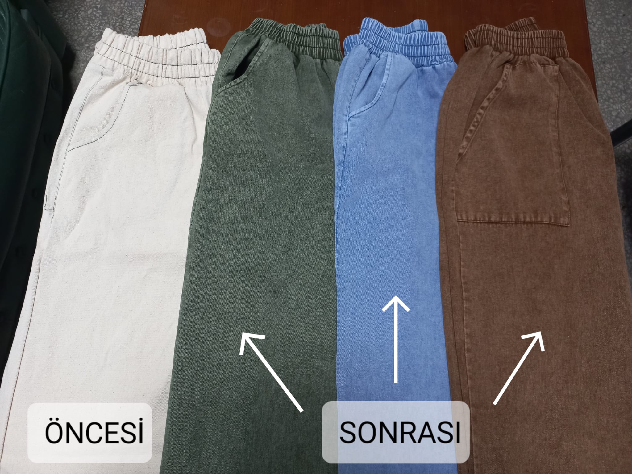 Denim yıkama ve boyama işlemi öncesi ve sonrası karşılaştırması